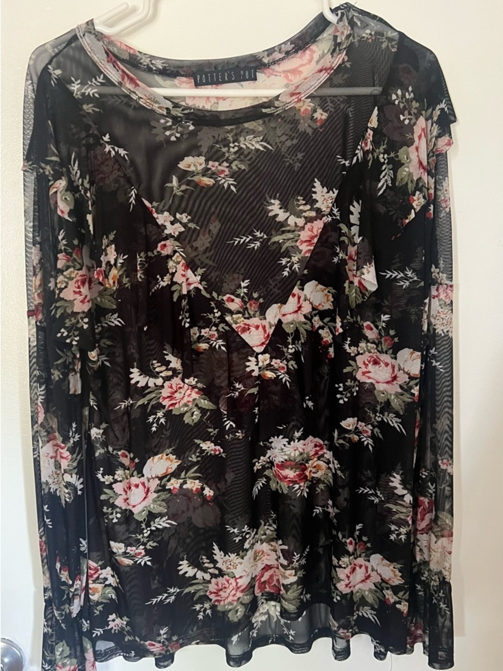 Potter's Pot Black Floral Sheer Mesh Top with Pink Accents